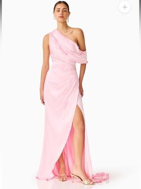 elliatt isadora pink satin one shoulder draped maxi gown dress size small NEW